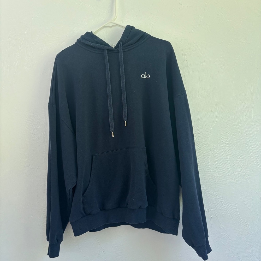 Alo Yoga Accolade Hoodie Size Large Navy Blue Heavyweight Pullover Sweatshirt